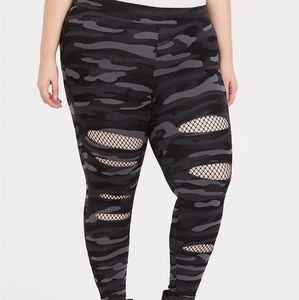 Torrid Distressed Camo Print Leggings with Fishnet Inlay